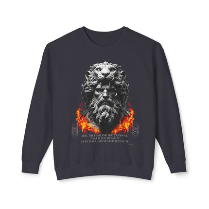 Lion-Head Flame Crewneck Sweatshirt — Mythic Warrior Graphic Pullover