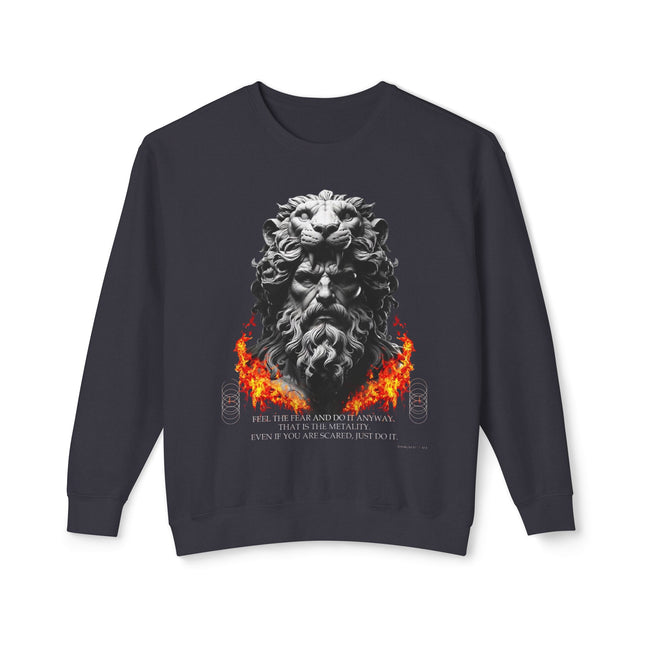 Lion-Head Flame Crewneck Sweatshirt — Mythic Warrior Graphic Pullover