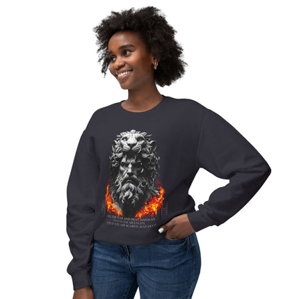 Lion-Head Flame Crewneck Sweatshirt — Mythic Warrior Graphic Pullover